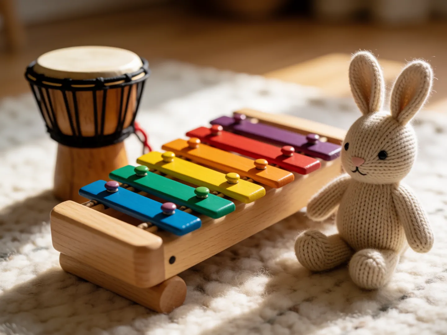 A small wooden xylophone, a hand drum and a soft toy on a rug in warm light