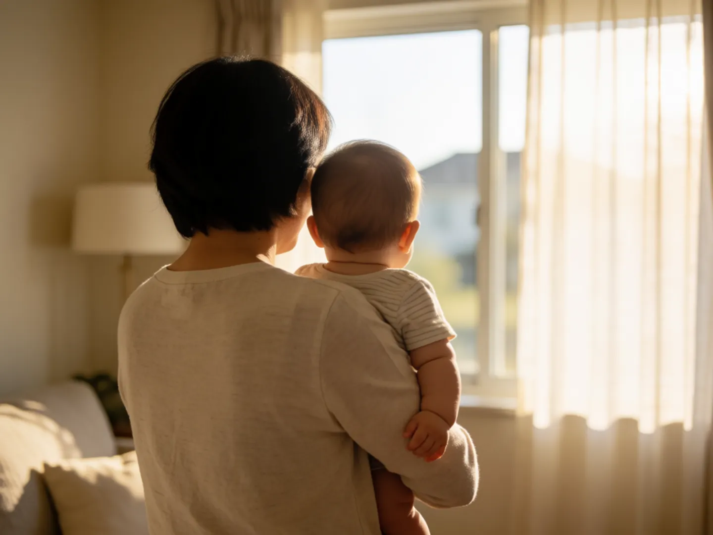 A parent seen from behind singing to a baby held on their shoulder by a sunny window