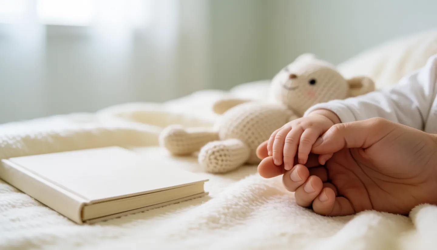 A baby's tiny hand held in an adult's hand on a soft blanket, with a knitted toy and a book nearby